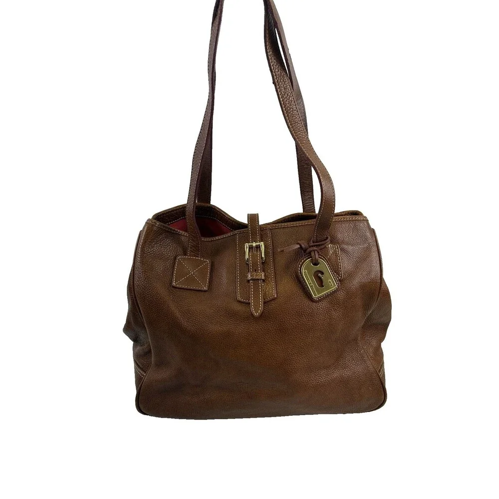 Dooney And Bourke Satchel Tote Bag Brown Pebbled Leather Buckle Large Shoulder
